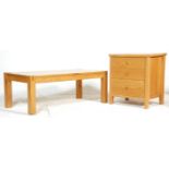 A modern contemporary hardwood DFS side table chest together with a matching long john coffee table.