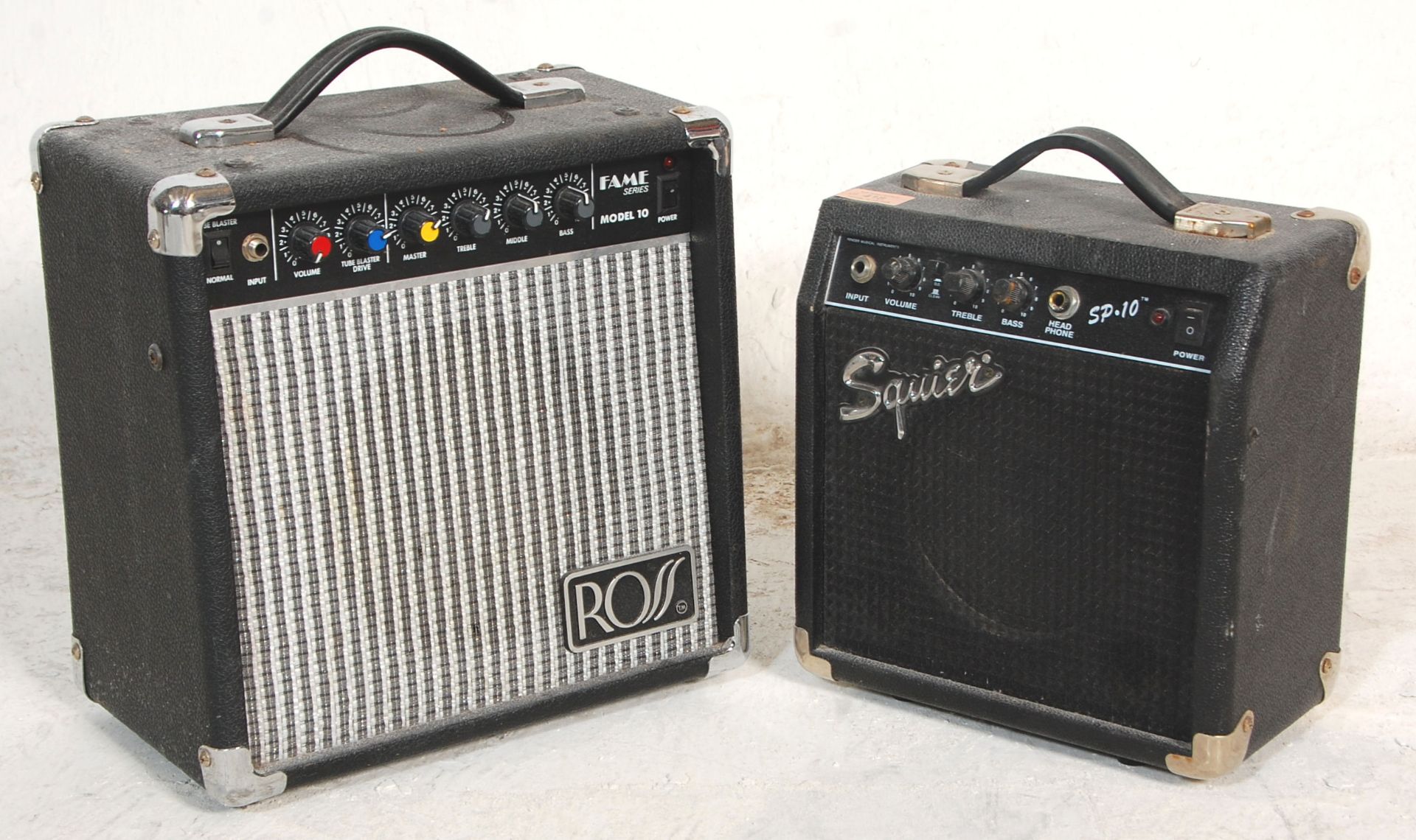 Two guitar amps to include a Squire SP-10 and Ross Fame Series Model 10.