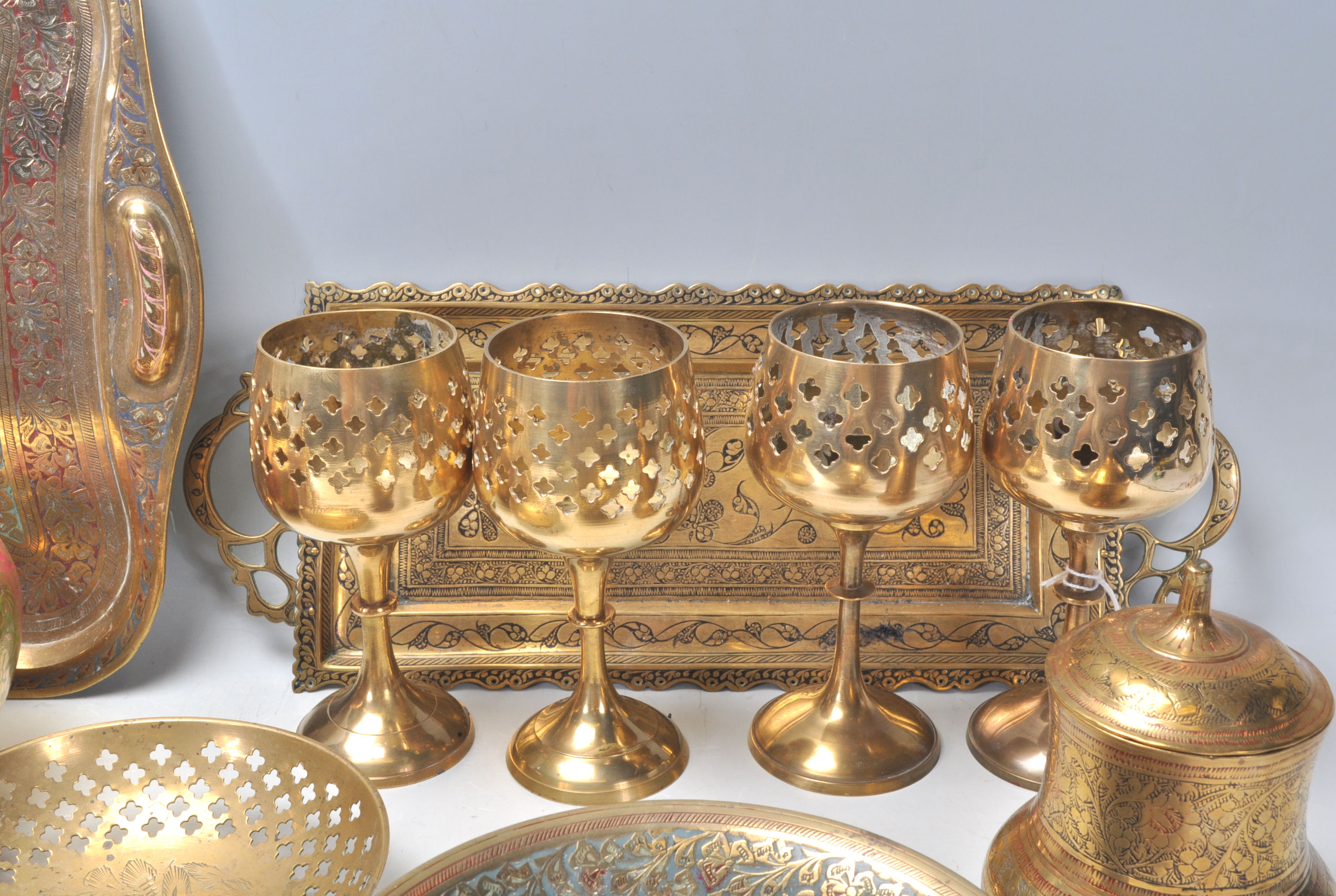 A mixed group of contemporary Eastern brass wares to include a heavy pair of bowls with painted - Image 5 of 6