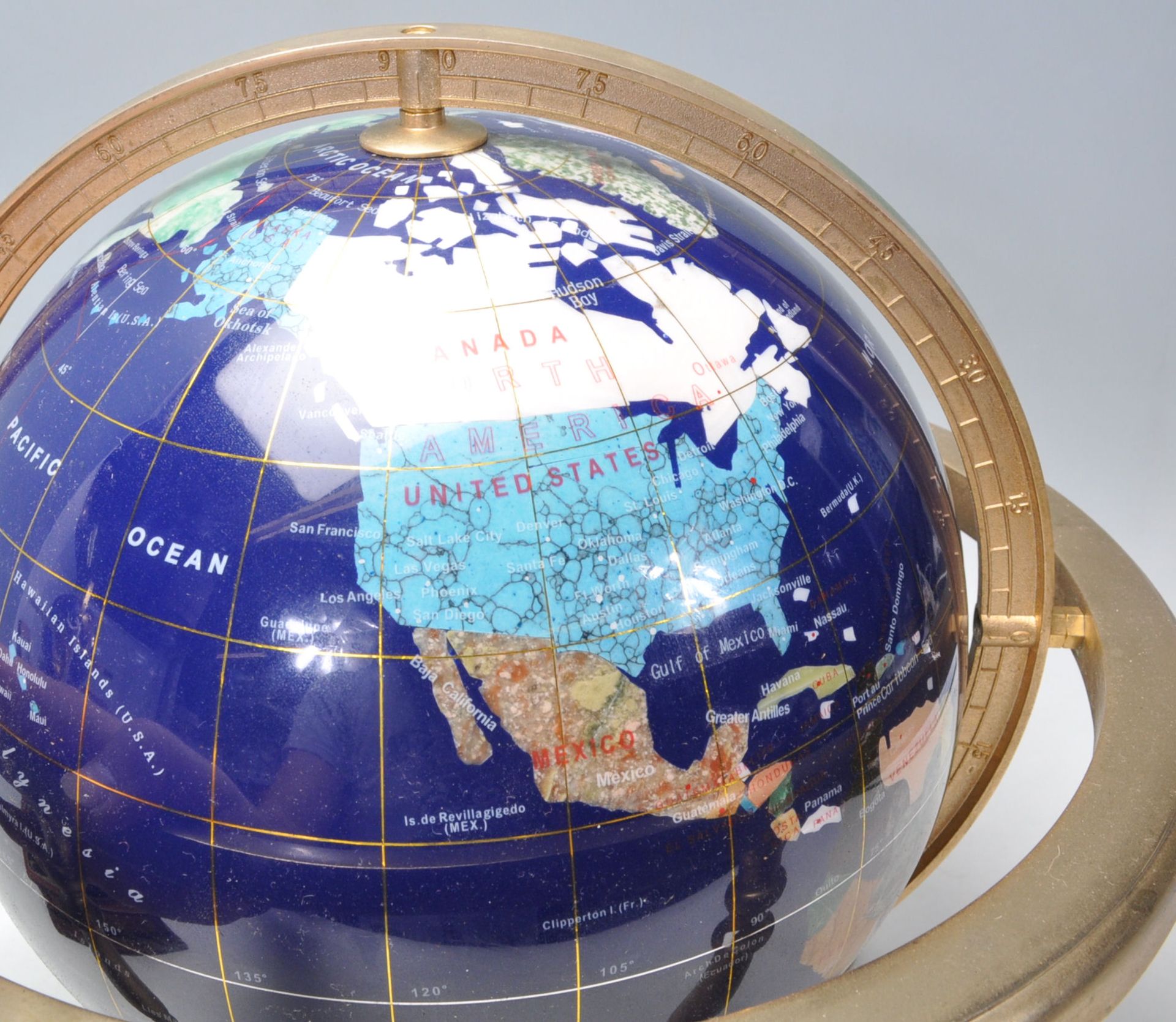 A 20th Century desk top ornamental blue terrestrial globe raised on a brass gimbal stand with - Bild 9 aus 9