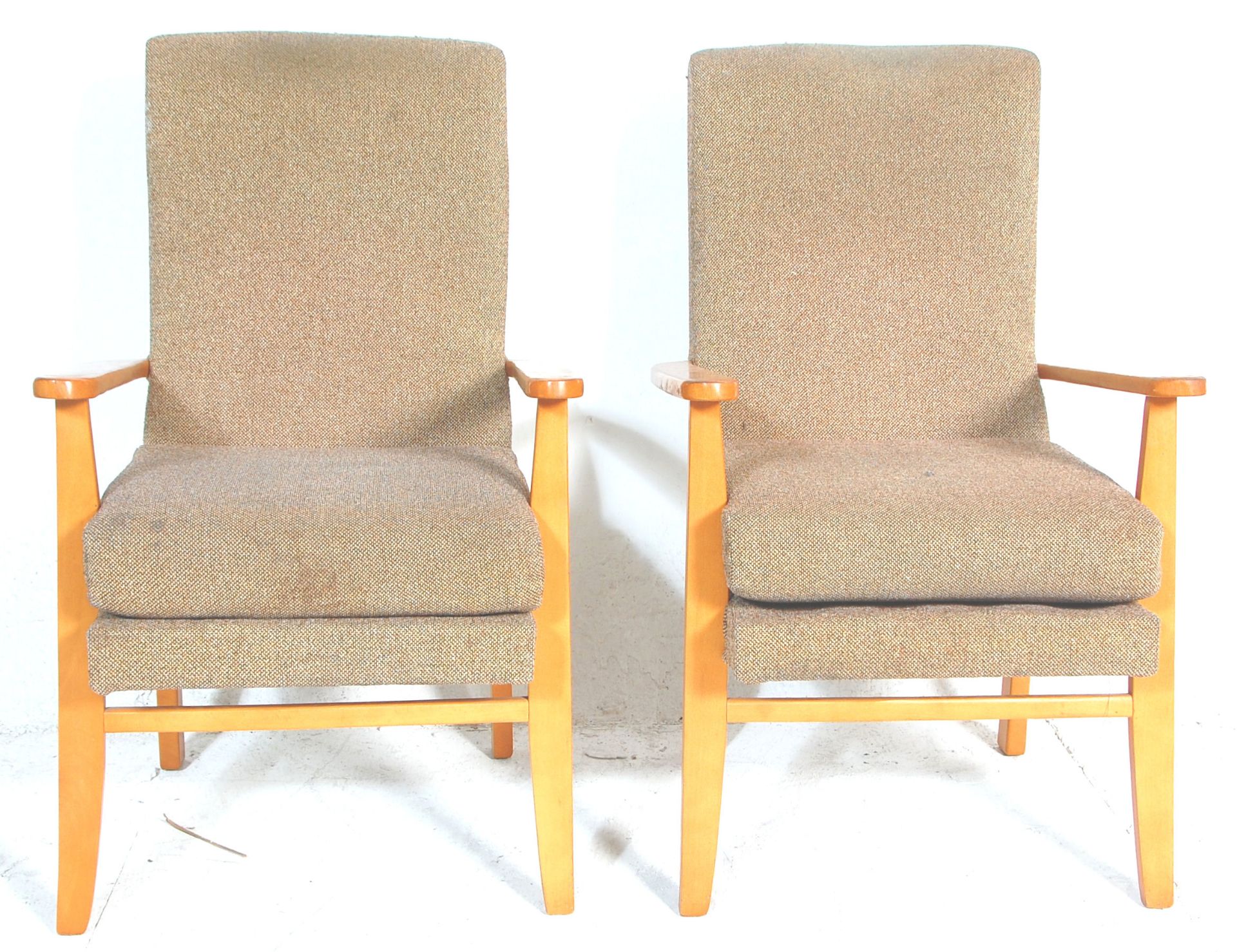 A pair of vintage retro mid 20th Century open arm chairs having wooden frames with brown upholstered - Bild 2 aus 3