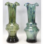 A pair of 20th Century vintage retro studio art spatter glass vases in a blue and green colourway