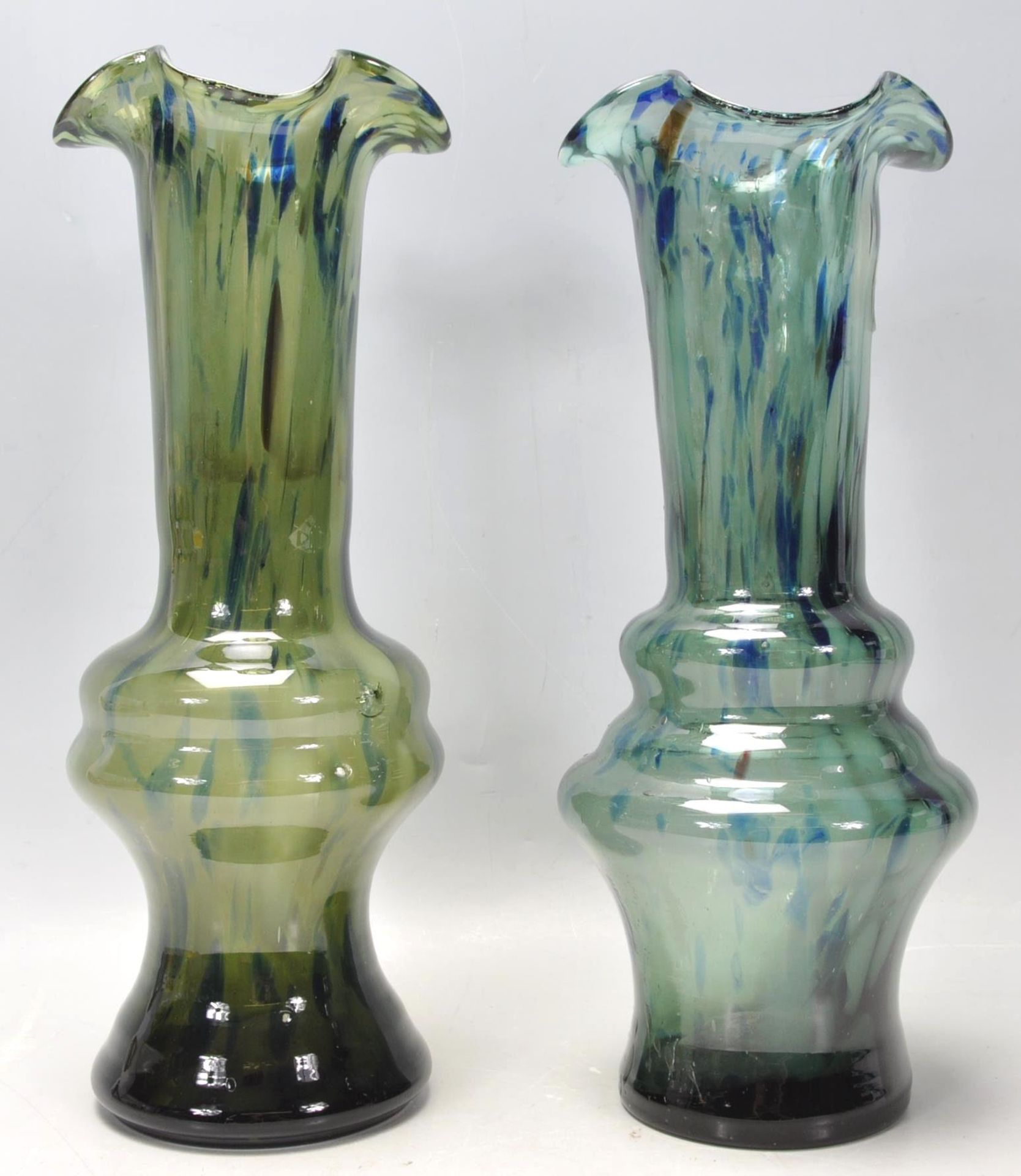 A pair of 20th Century vintage retro studio art spatter glass vases in a blue and green colourway