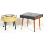 Two vintage retro mid 20th Century stools, one of round form having a yellow and black leather top