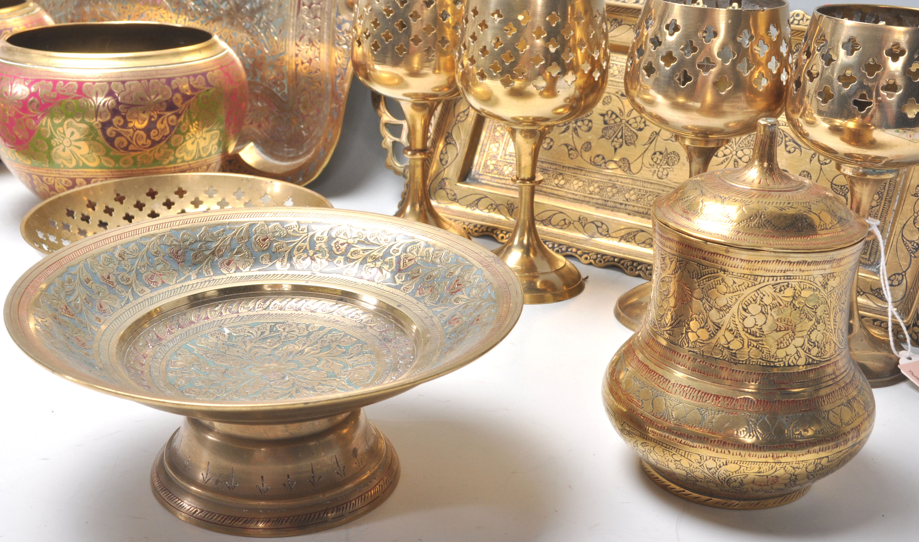 A mixed group of contemporary Eastern brass wares to include a heavy pair of bowls with painted - Image 6 of 6