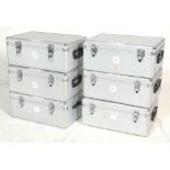 A set of six aluminium flight / travel cases each one having handles to either side and claps to the