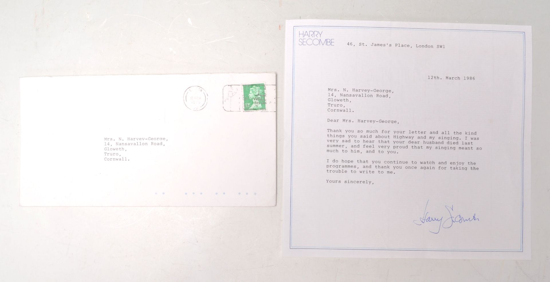 Harry Secombe - 20th Century comedian actor and singer- A signed letter writing to a fan, thanking
