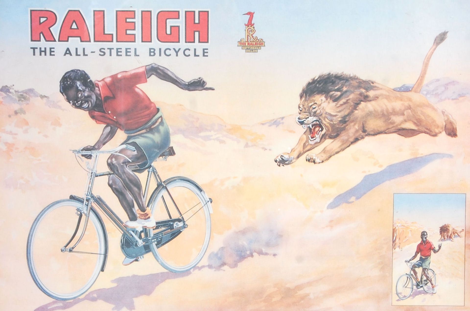 A vintage Raleigh advertising poster 'The All Steel Bicycle' depicting a man riding a bicycle whilst - Bild 3 aus 5