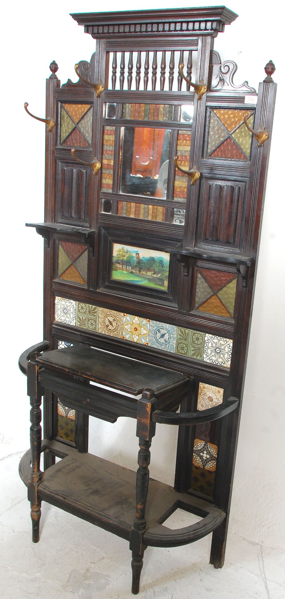 A 19th Century Victorian mahogany framed tiled hall stand with a carved pediment to the top, and a - Bild 8 aus 9