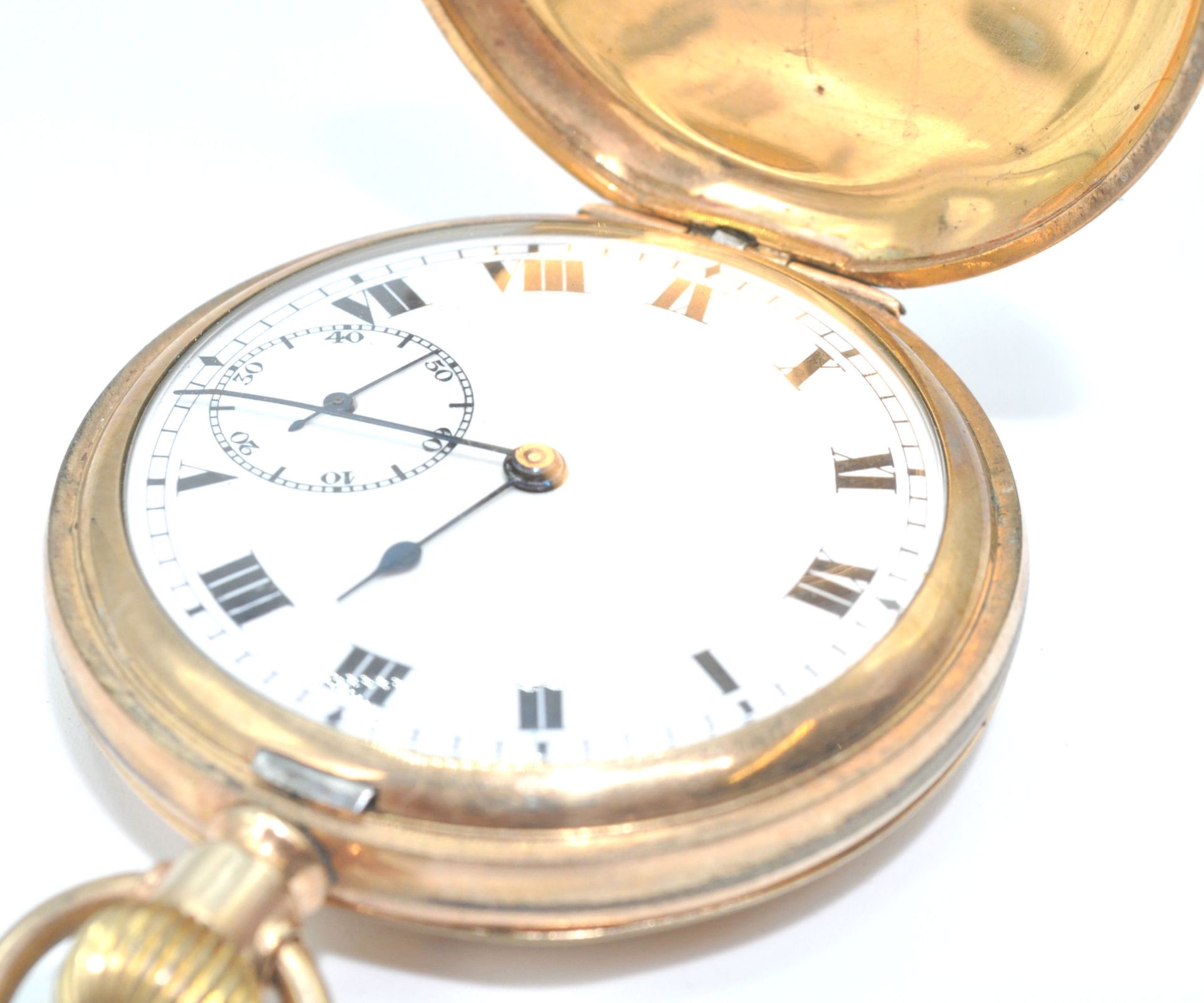 An early 20th century American crown wind gold plated pocket watch. The dial with roman numeral - Bild 2 aus 8