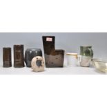 A mixed group of Studio Art pottery ceramics with a brown glazed L shaped vase with two sections