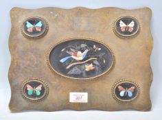 A 19th century Pietra Dura mounted brass panel. The panel adorned with 5 pietra dura mosaic oval