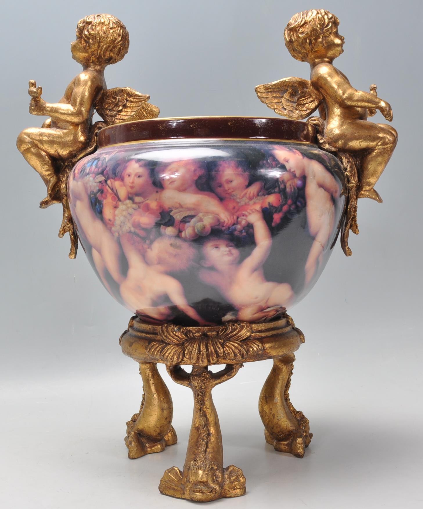 A 20th Century German porcelain jardiniere planter having gilt Maltese dolphin supports with shell - Image 3 of 7