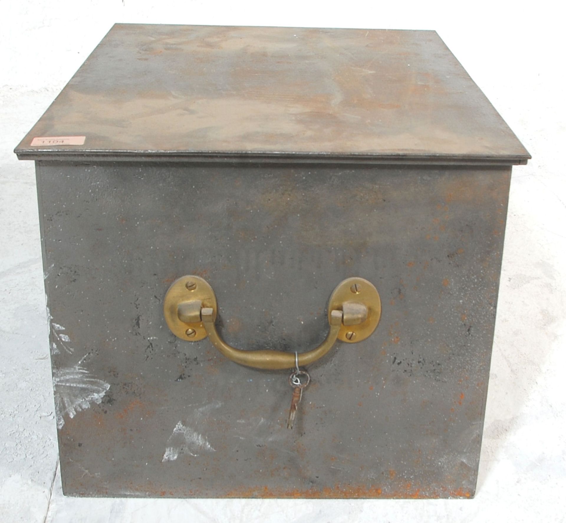 A 19th Century Victorian metal strong box having a hinged lid to the top with brass carry handles to - Bild 3 aus 3