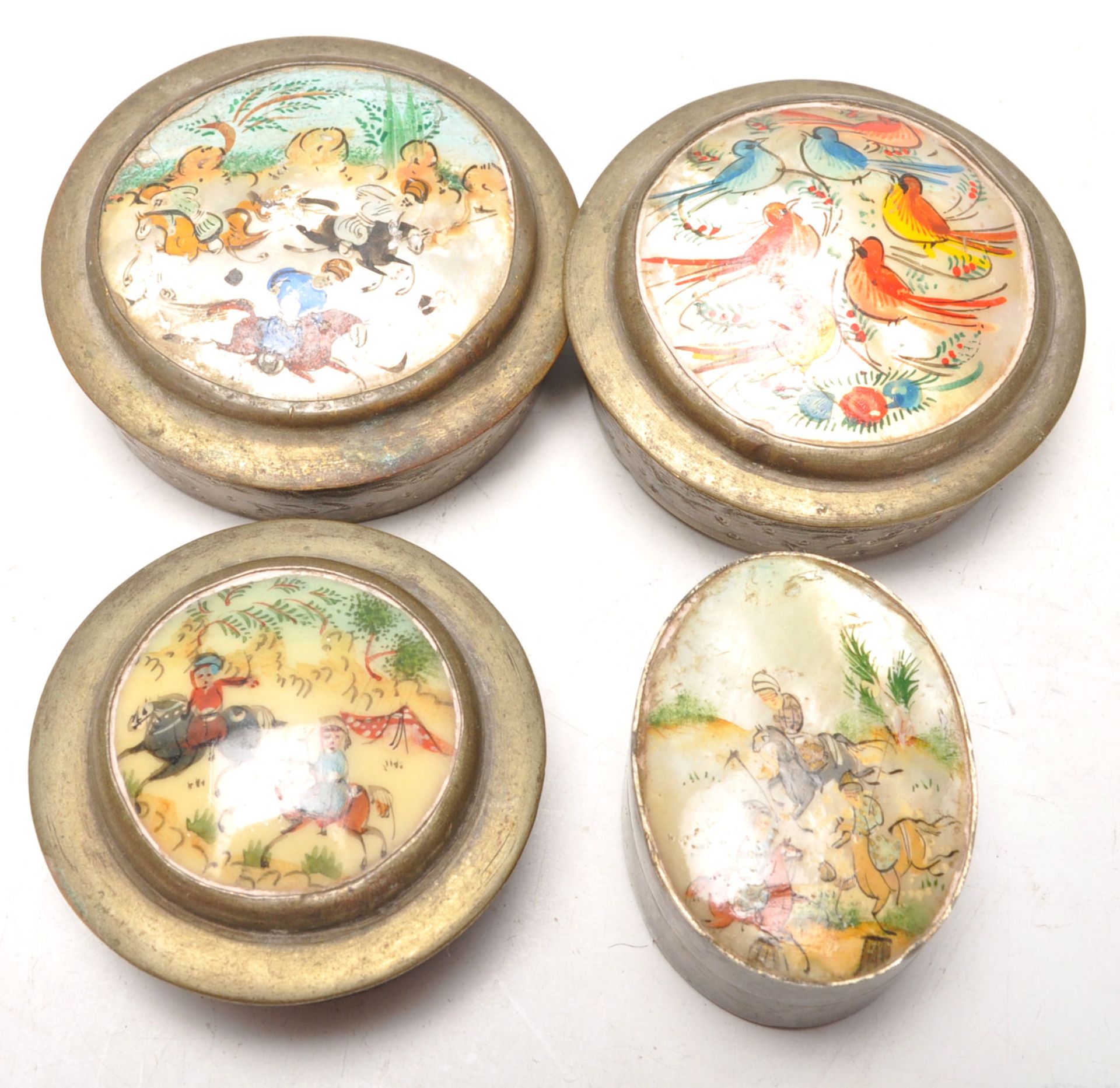 A group of early 20th Century vintage white brass Chinese compacts / trinket pots, three of