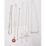 A group of six silver necklace chains to include fine link, flat link examples, crossover chain etc.