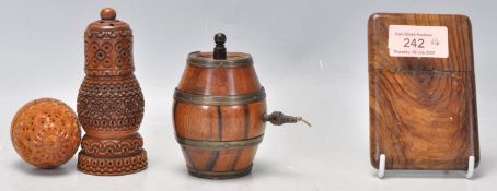 A Victorian 19th century string holder in the form of a barrel with brass coopering and tap together