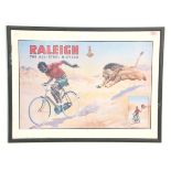 A vintage Raleigh advertising poster 'The All Steel Bicycle' depicting a man riding a bicycle whilst