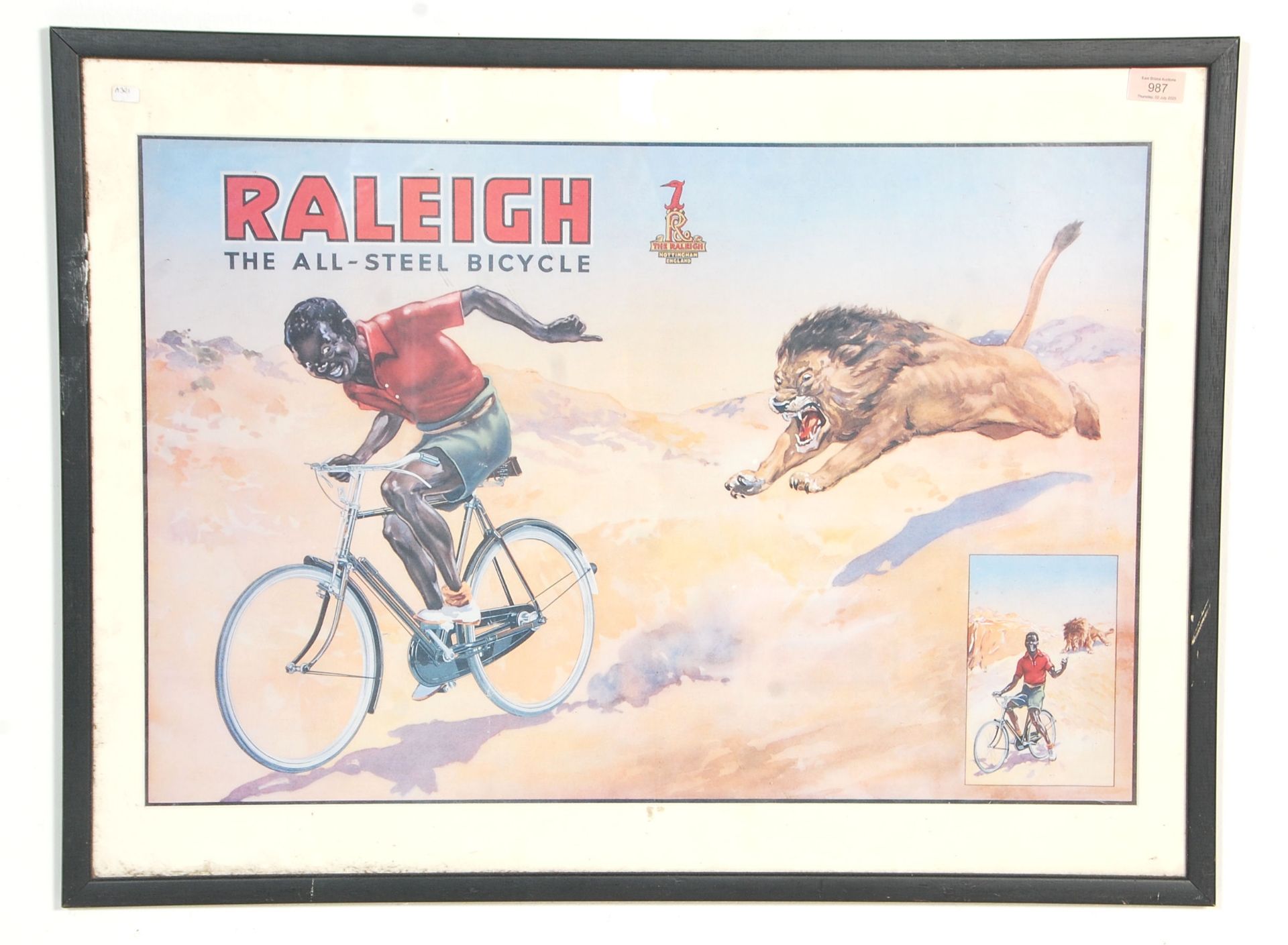 A vintage Raleigh advertising poster 'The All Steel Bicycle' depicting a man riding a bicycle whilst