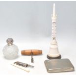A mixed group of items to include a antique desk column thermometer of bone construction, glass