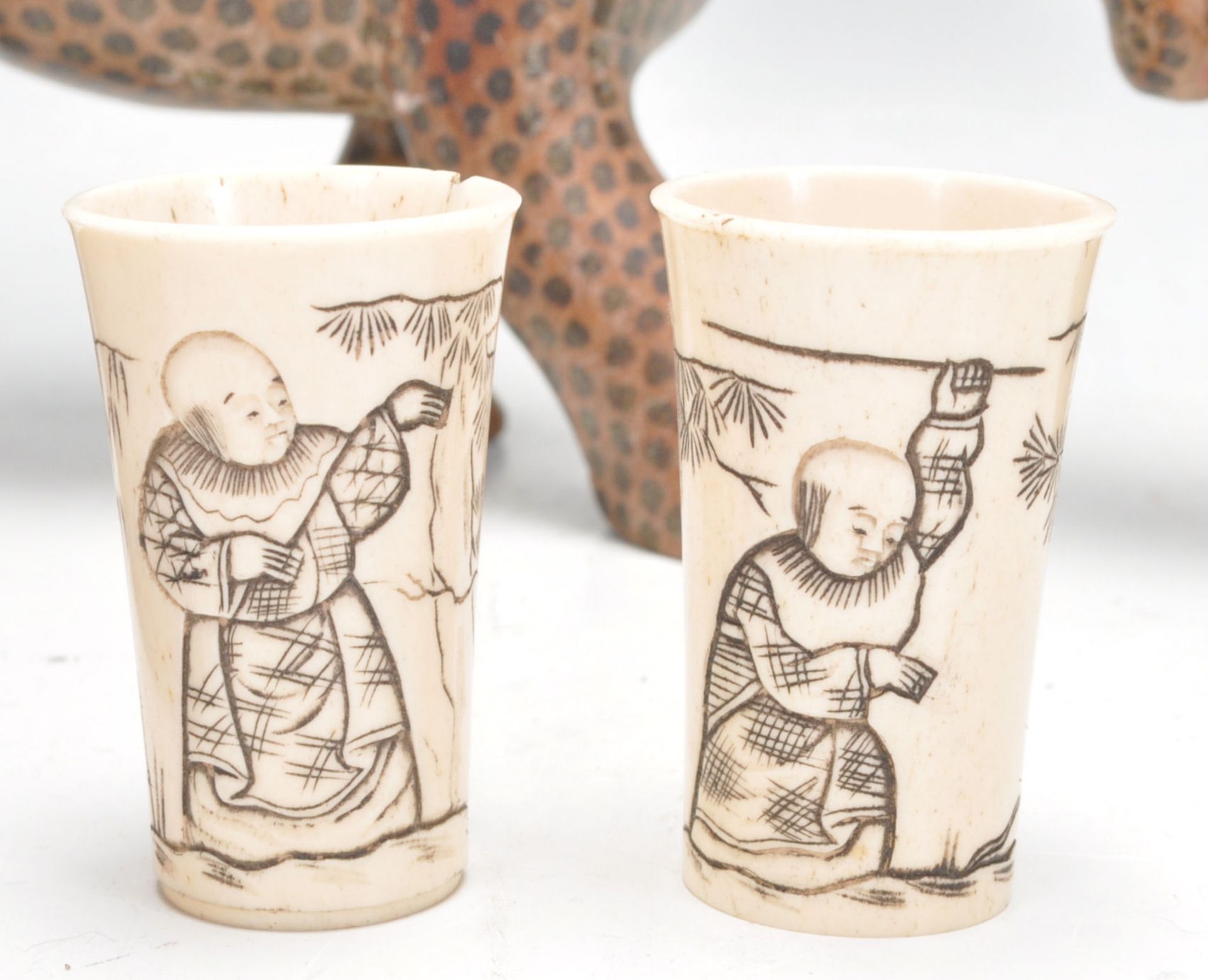 A pair of 19th century Chinese ivory dice cups with scenes of people, a carved wooden Chinese - Image 8 of 13