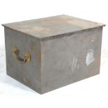 A 19th Century Victorian metal strong box having a hinged lid to the top with brass carry handles to