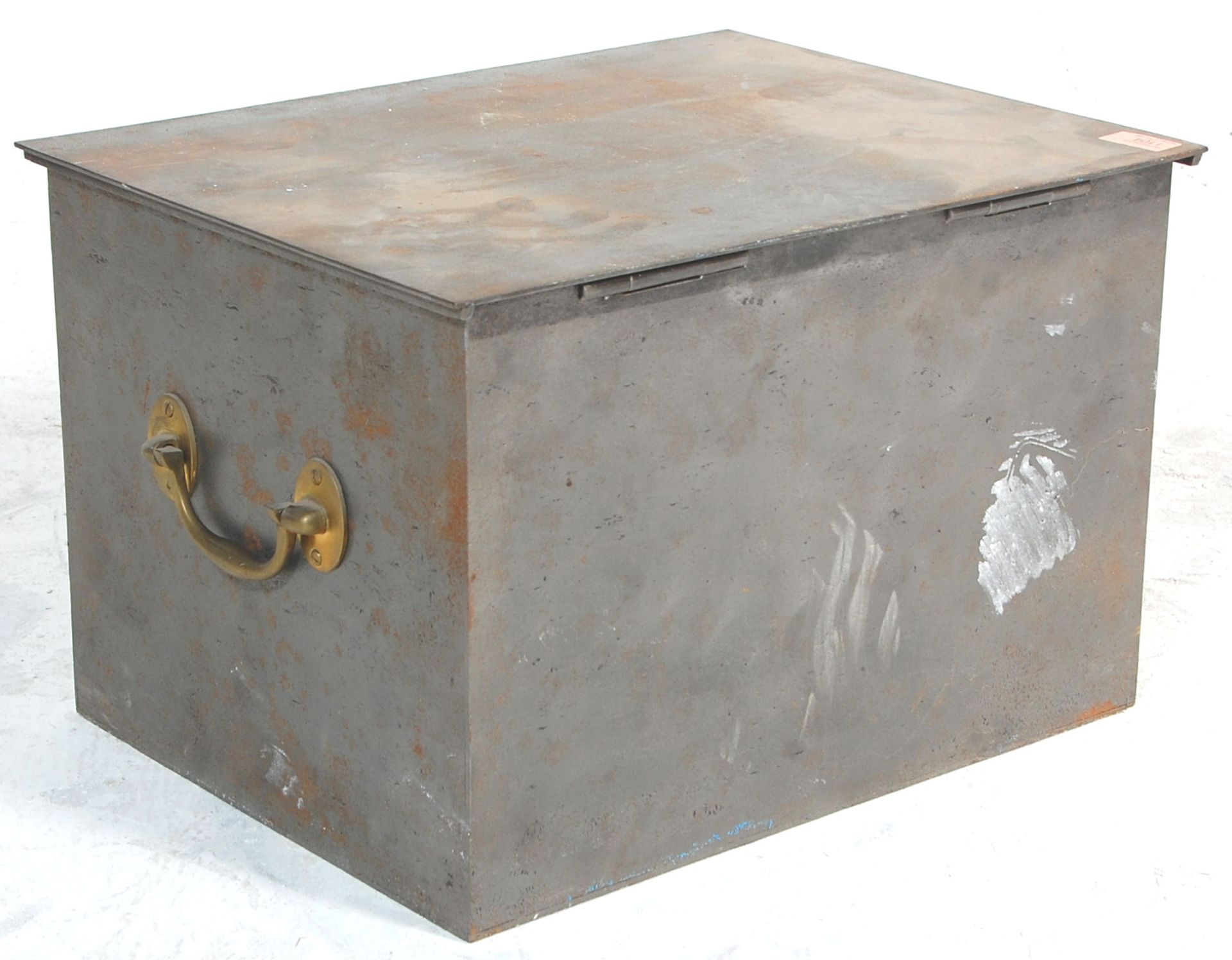 A 19th Century Victorian metal strong box having a hinged lid to the top with brass carry handles to