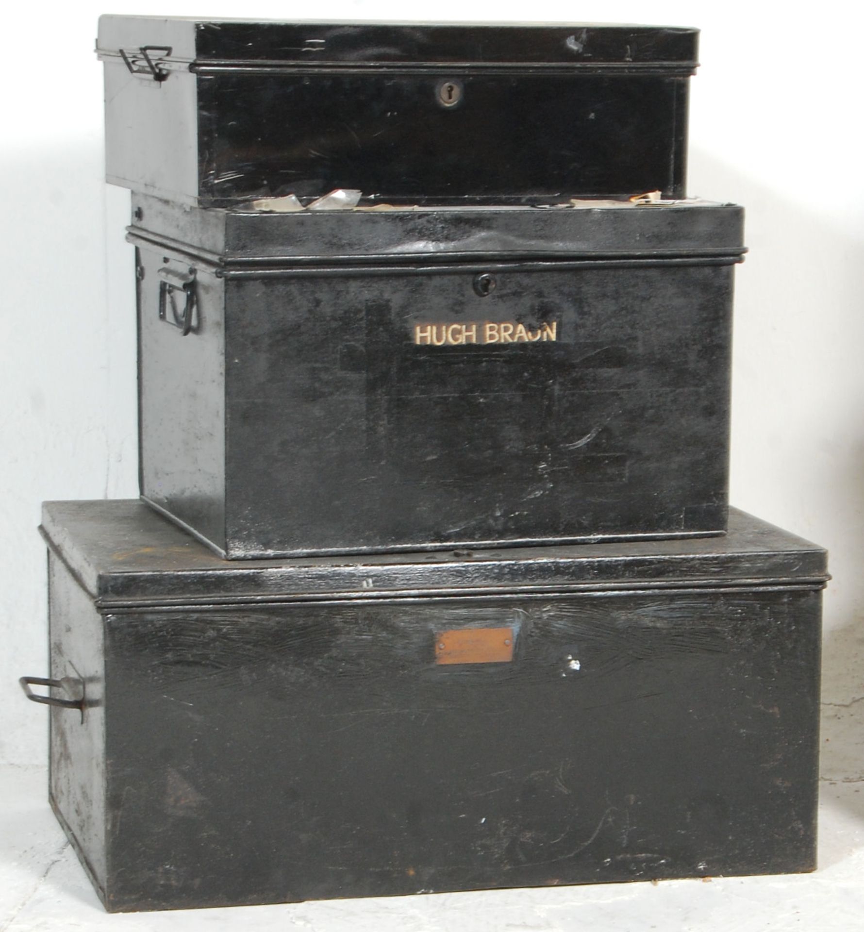 A good group of six metal deed storage boxes with being painted black with metal carrying handles - Image 3 of 6
