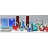 A mixed group of retro 20th Century glassware to include a square Dartington barke effect blue glass