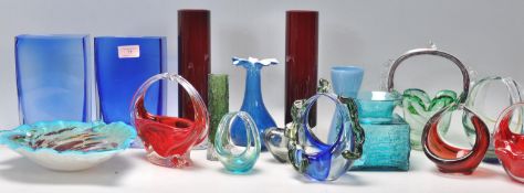 A mixed group of retro 20th Century glassware to include a square Dartington barke effect blue glass