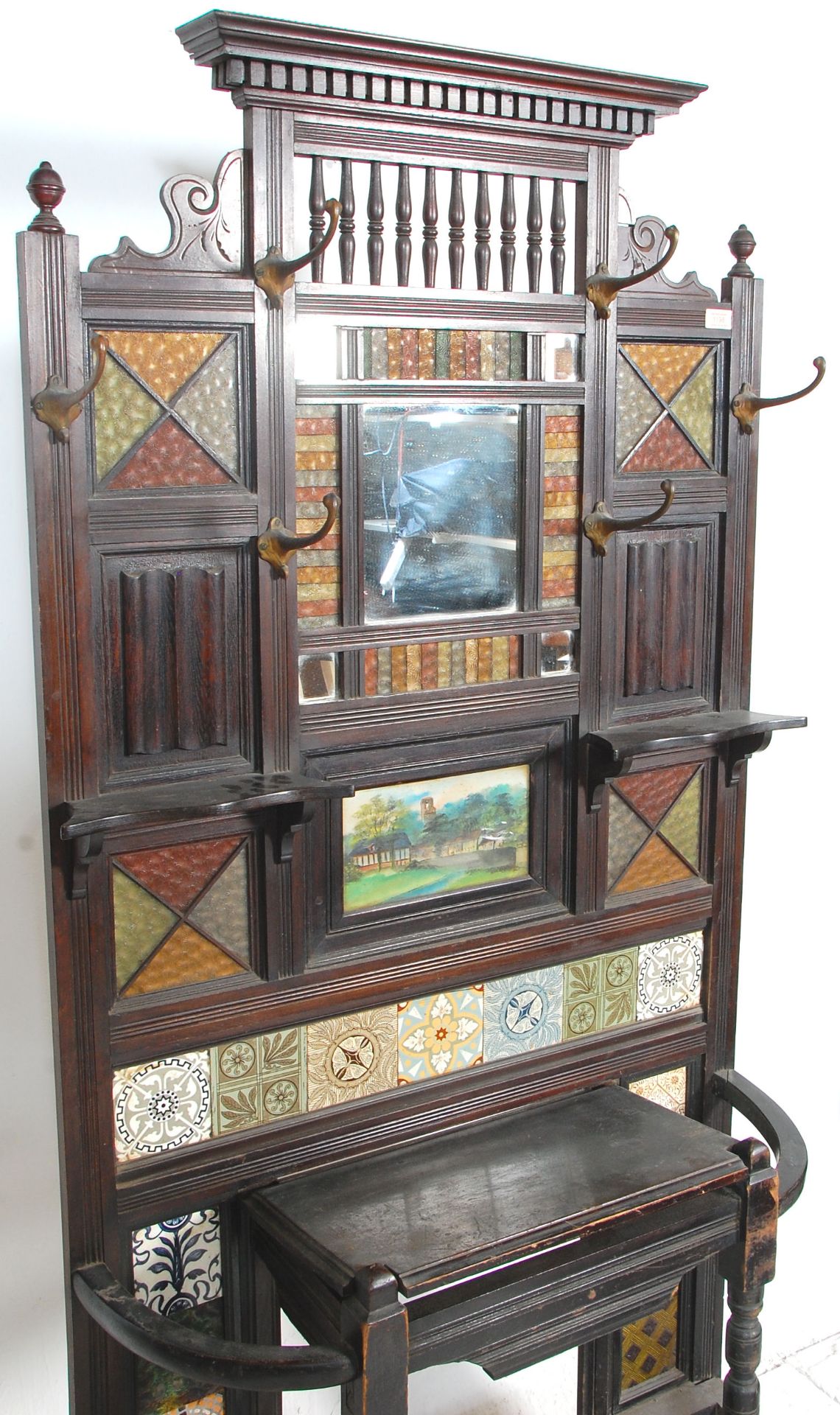 A 19th Century Victorian mahogany framed tiled hall stand with a carved pediment to the top, and a - Bild 7 aus 9