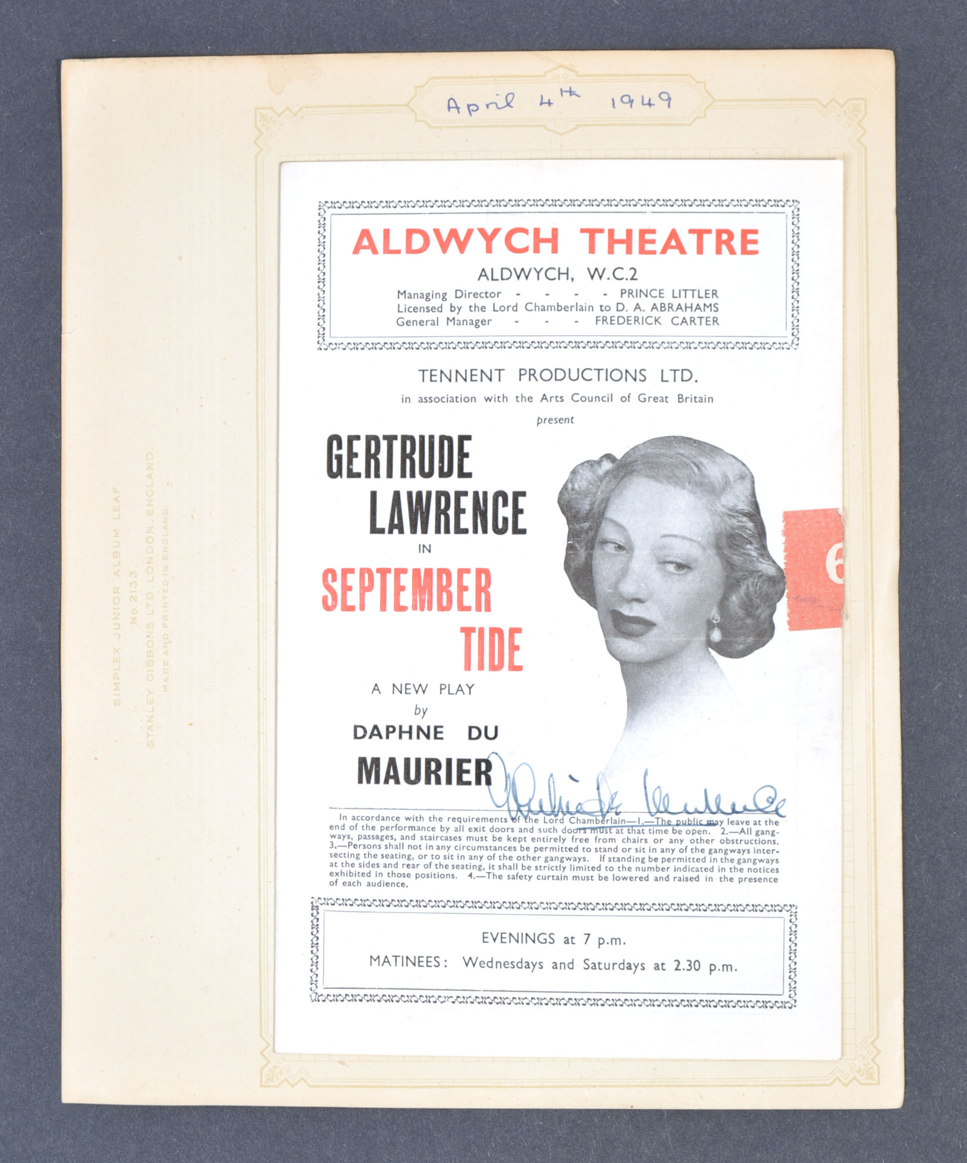 GERTRUDE LAWRENCE - RARE AUTOGRAPHED PROGRAMME