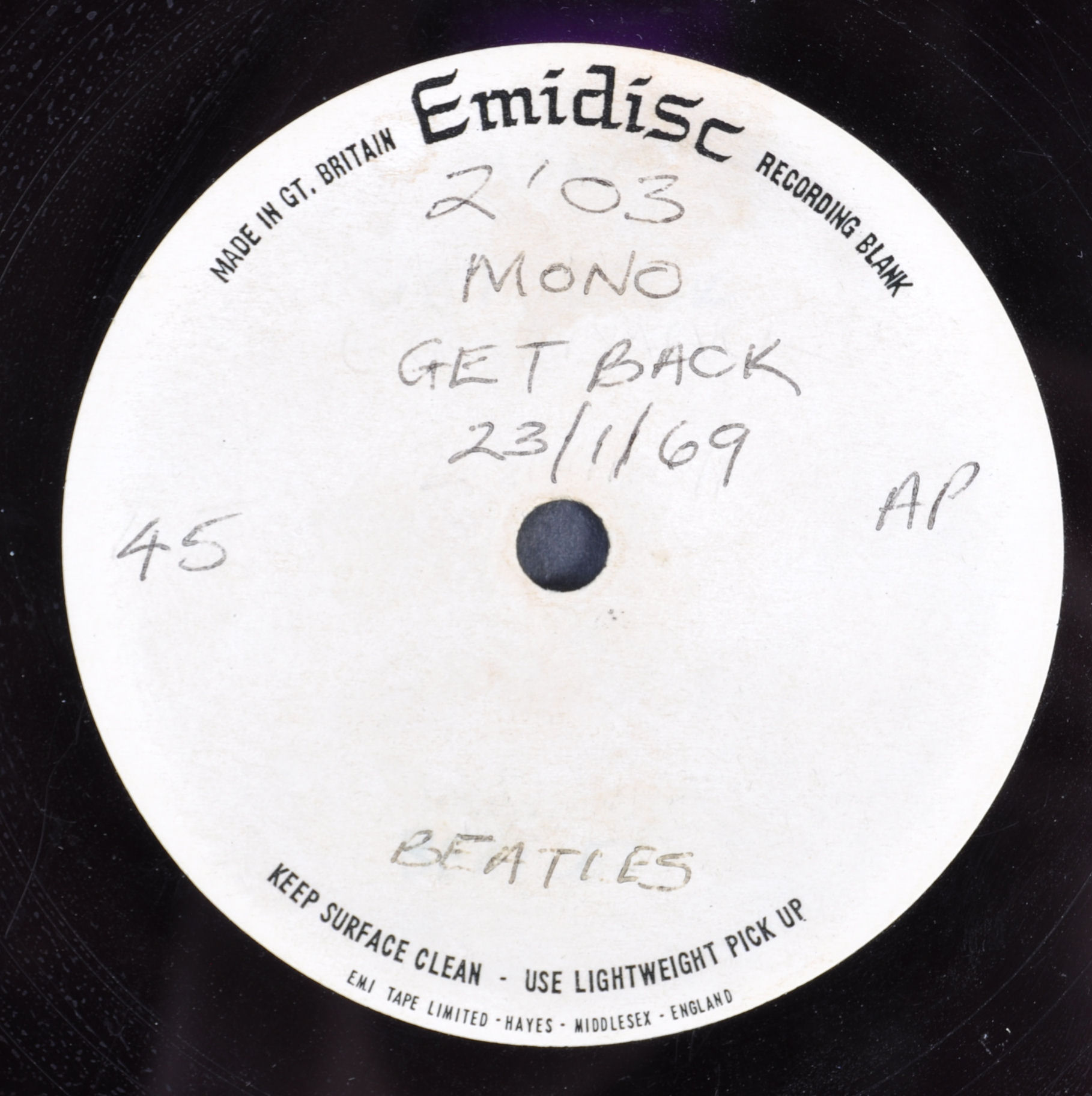 INCREDIBLY RARE BEATLES EMIDISC ACETATE ' GET BACK - Image 2 of 7