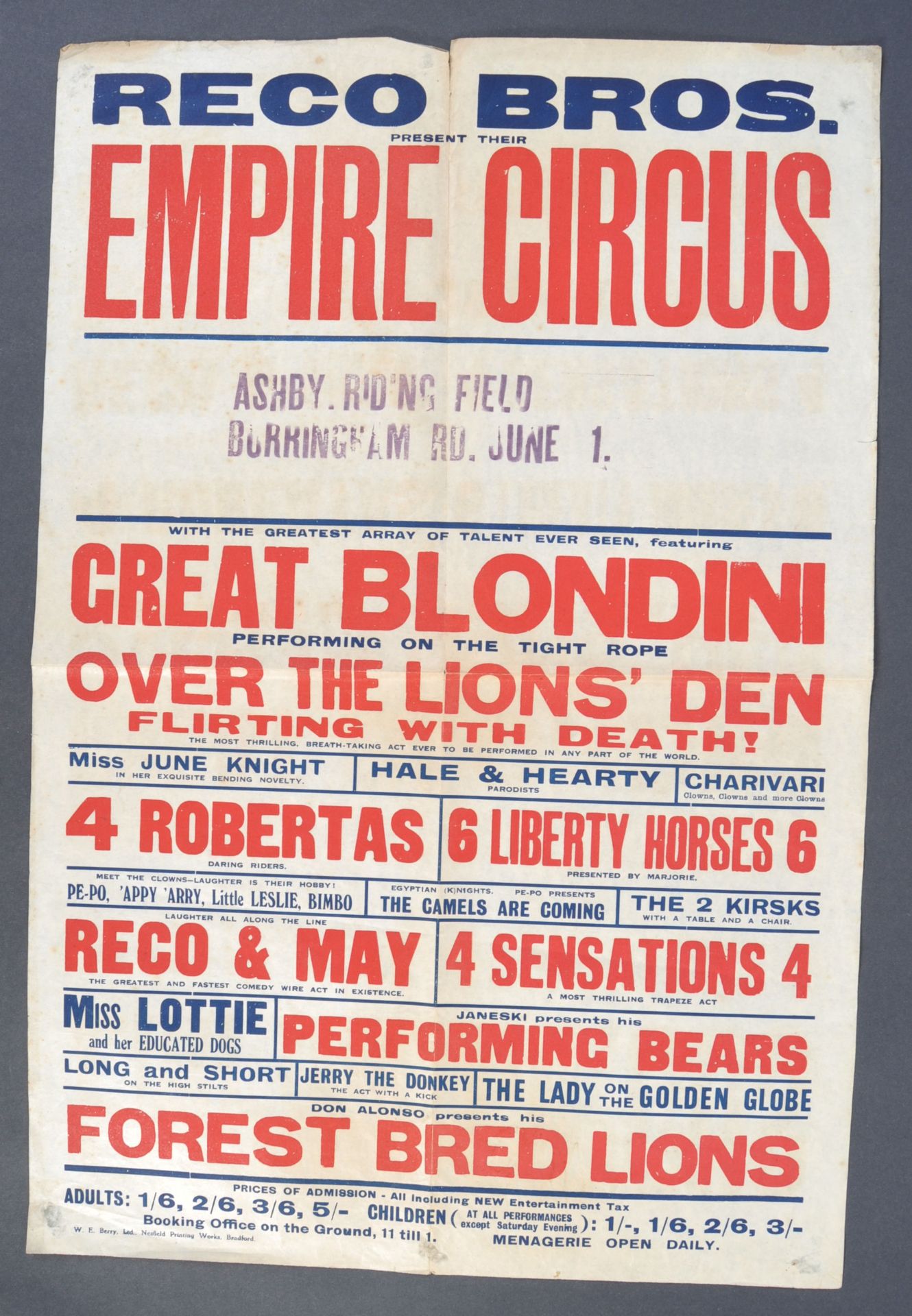 RARE ORIGINAL 1940'S RECO BROTHERS CIRCUS ADVERTIS