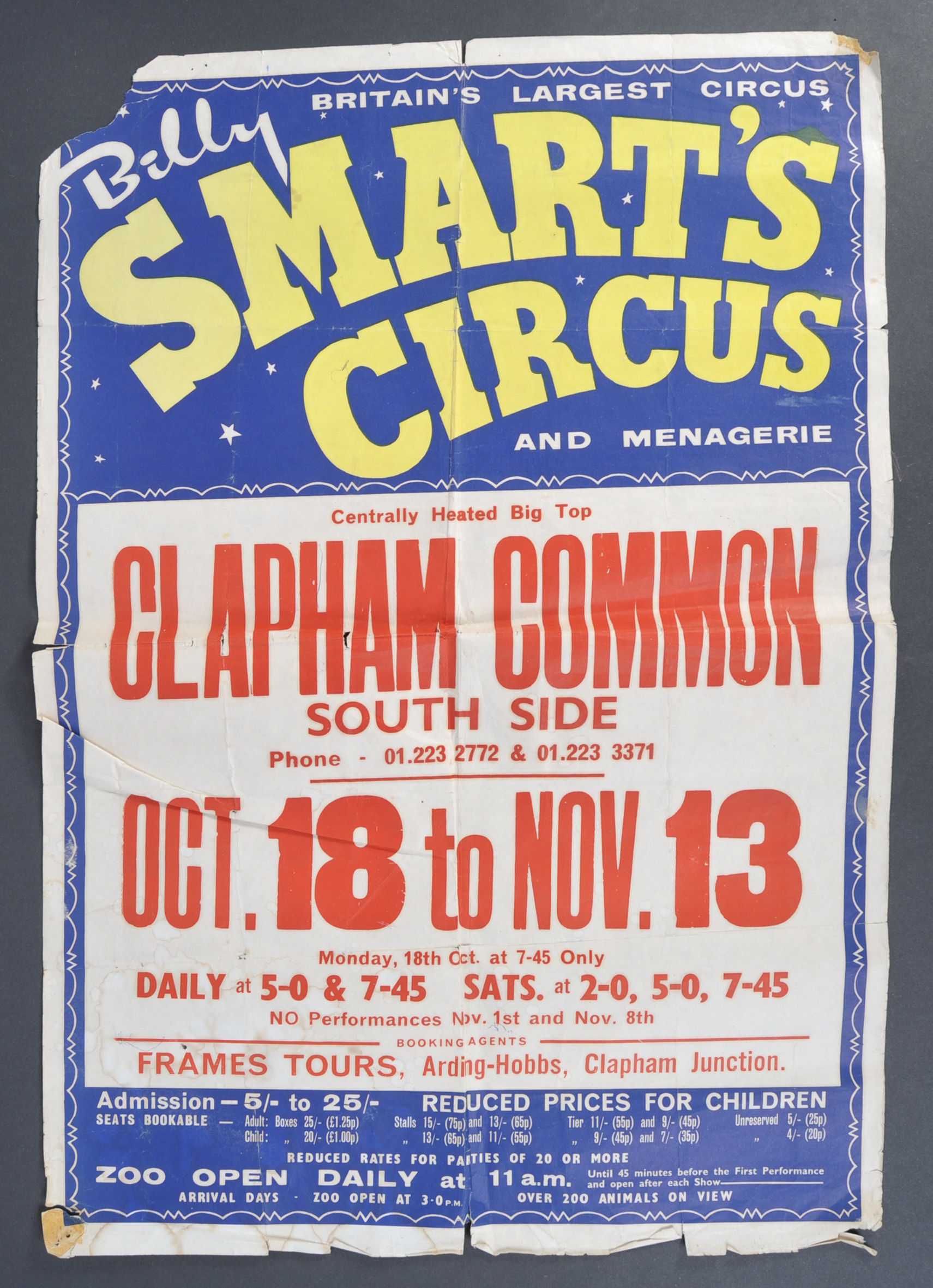 RARE ORIGINAL 1960'S BILLY SMART'S CIRCUS ADVERTISING POSTER