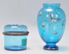 Two vintage blue glass hand enamelled ceramics in