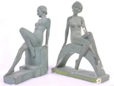 PAIR 1930'S ART DECO GREEN PLASTER NUDE SCULPTURE FIGURINES