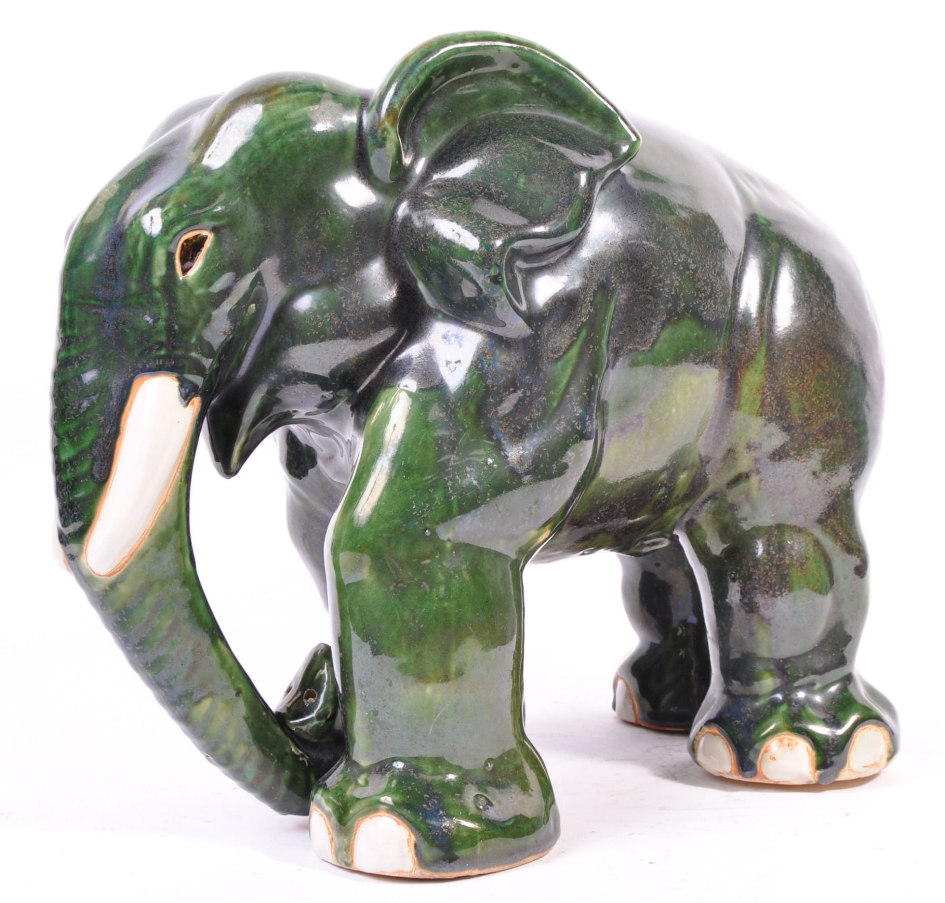 RETRO 1970'S GREEN FLAMBE TYPE GLAZED ELEPHANT FIGURINE