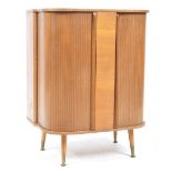 MID CENTURY TEAK WOOD TAMBOUR FRONTED COCKTAIL CABINET