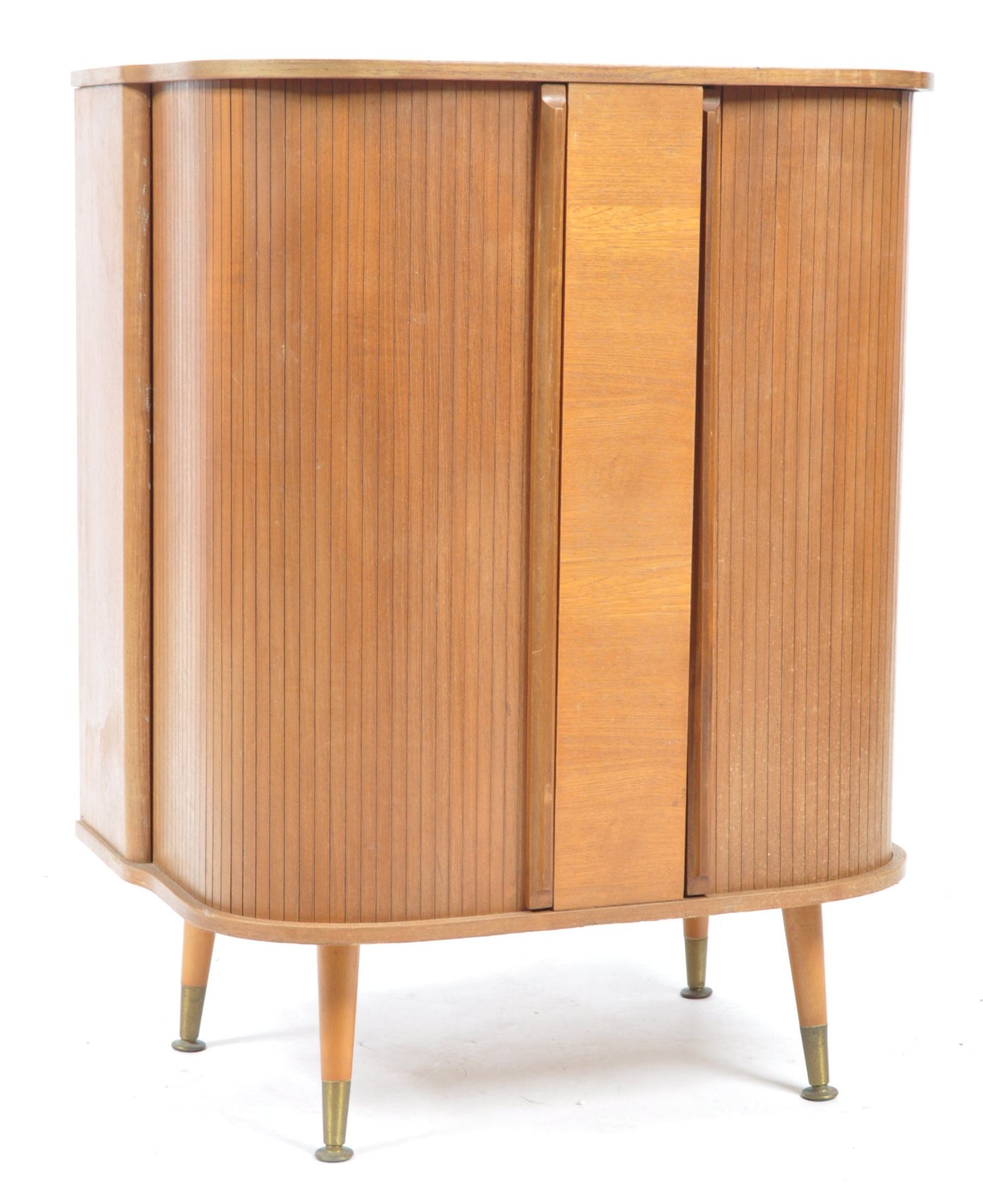 MID CENTURY TEAK WOOD TAMBOUR FRONTED COCKTAIL CABINET