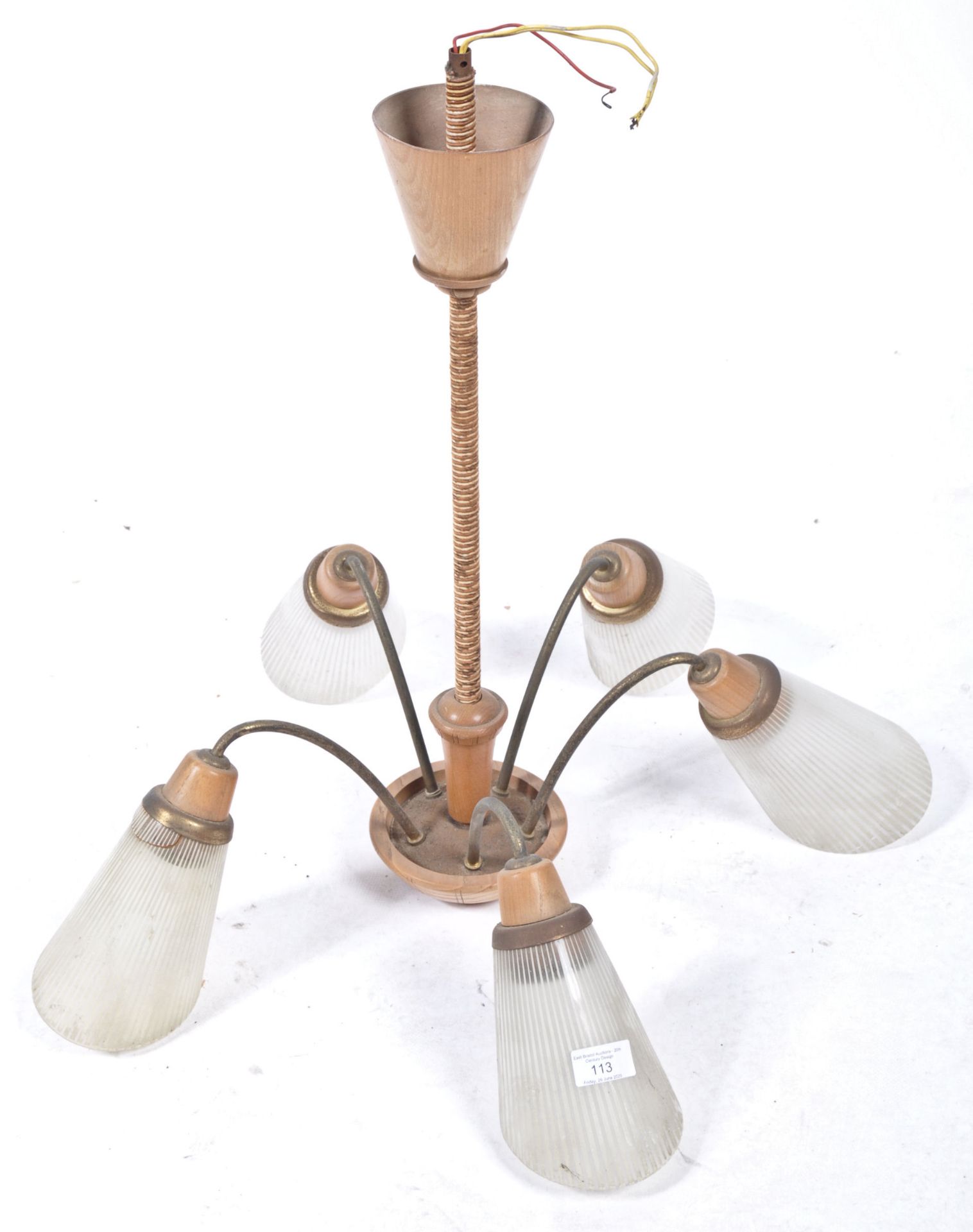 BRITISH MID CENTURY TEAK WOOD AND GLASS 5 ARM ELECTROLIER - Bild 2 aus 7