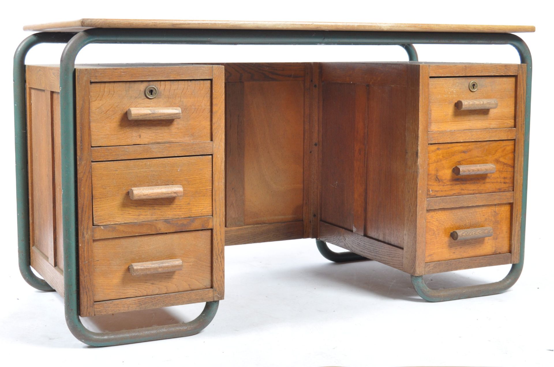 1930'S ART DECO FRENCH INDUSTRIAL STEEL & OAK TUBULAR DESK