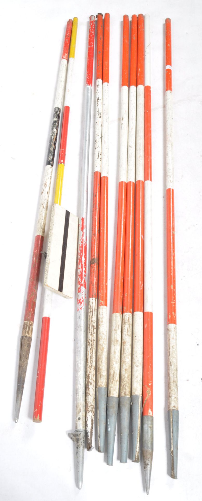 INDUSTRIAL 20TH CENTURY WOODEN SURVEYORS RED AND WHITE POLES