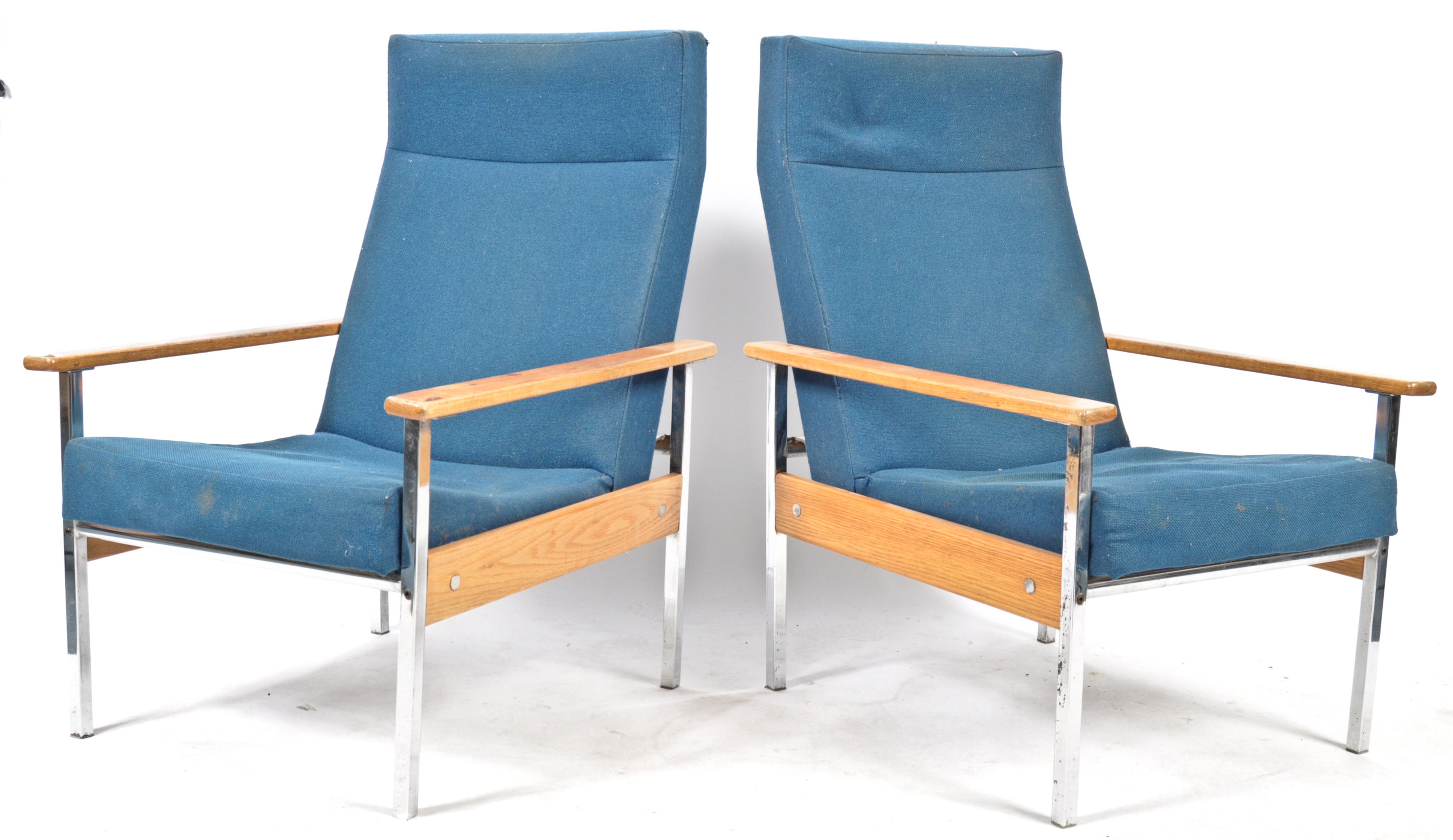 PAIR 1970'S RETRO OAK AND CHROME EASY LOUNGE ARMCHAIRS