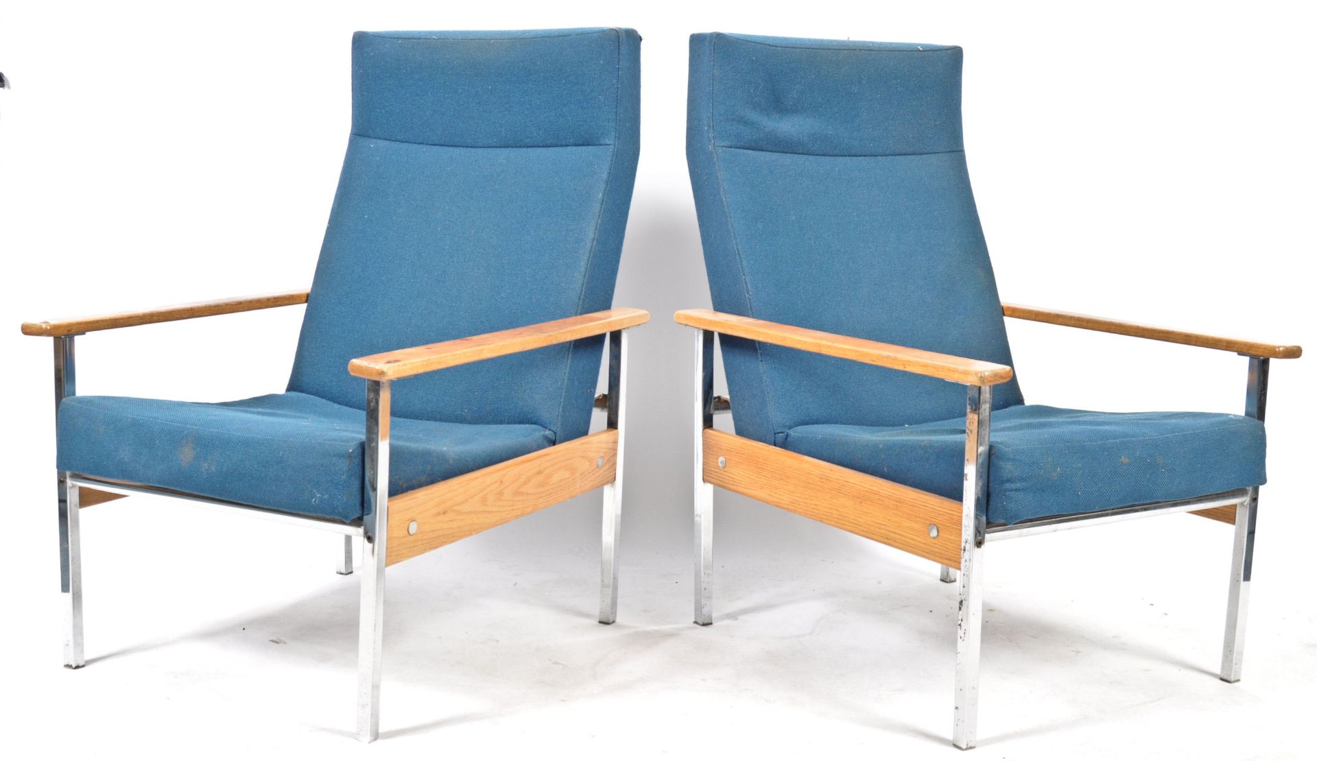 PAIR 1970'S RETRO OAK AND CHROME EASY LOUNGE ARMCHAIRS