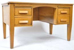 MID CENTURY INDUSTRIAL SCHOOL HONEY OAK TWIN PEDESTAL DESK