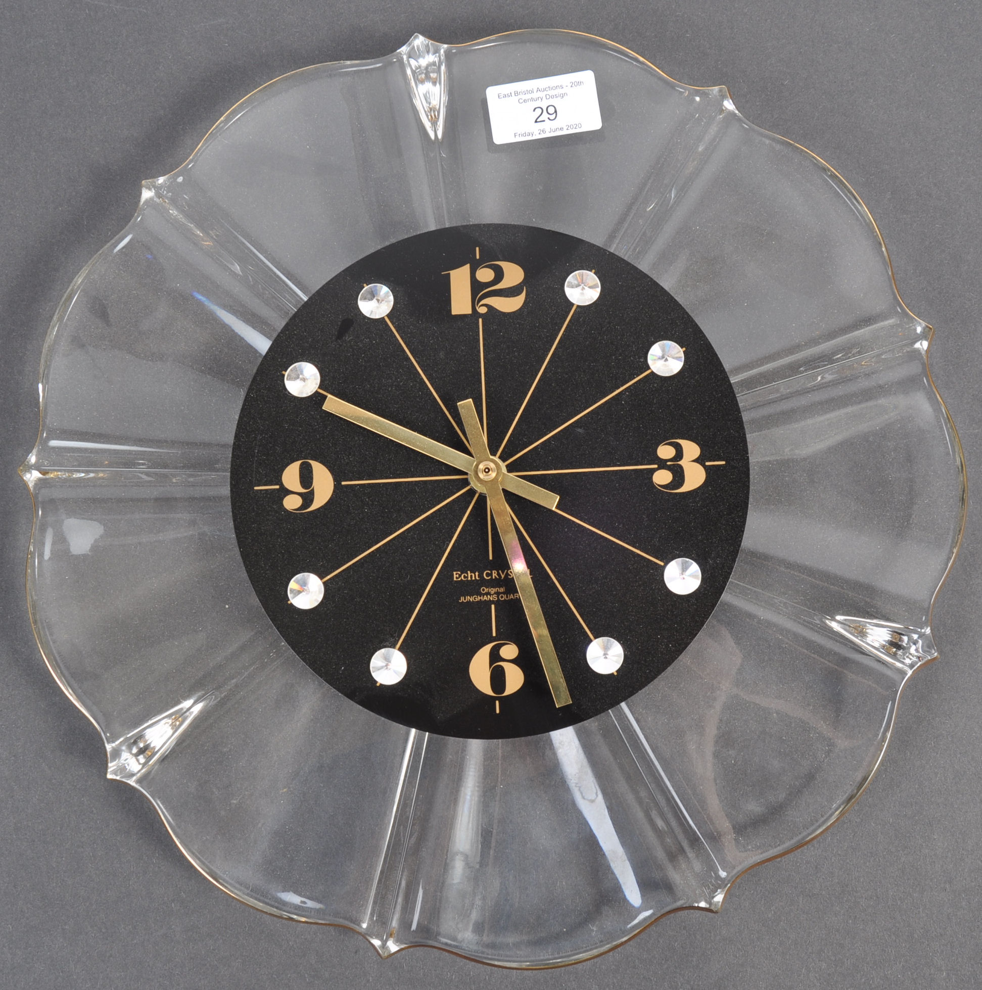 MID CENTURY JUNGHANS ECHT CRYSTAL MIMALIST SUNBURST CLOCK