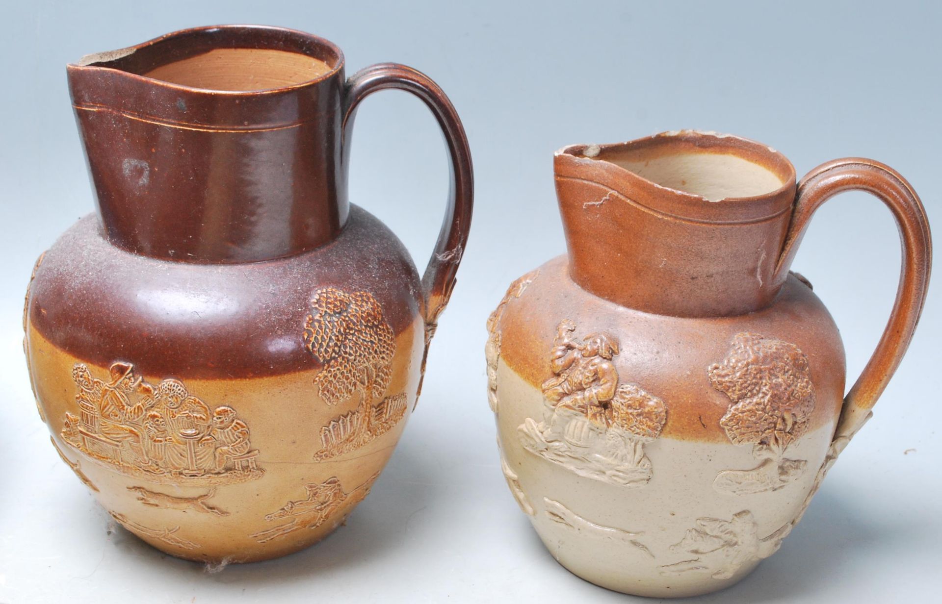 A collection of 19th century Doulton Lambeth stoneware jugs having raised tavern and hunting - Bild 5 aus 6