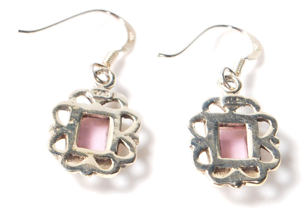 A pair of sterling silver and amethyst art deco style earrings having floral edges and a rectangular - Image 3 of 4