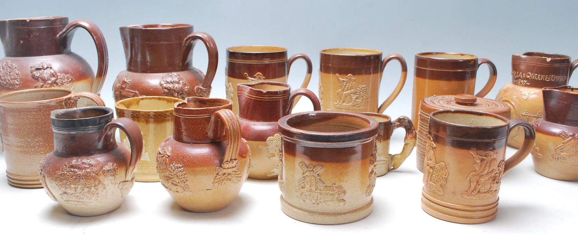 A collection of 19th Century Victorian ceramic Harvest ware jugs / drinking vessels / flagons, - Bild 2 aus 6